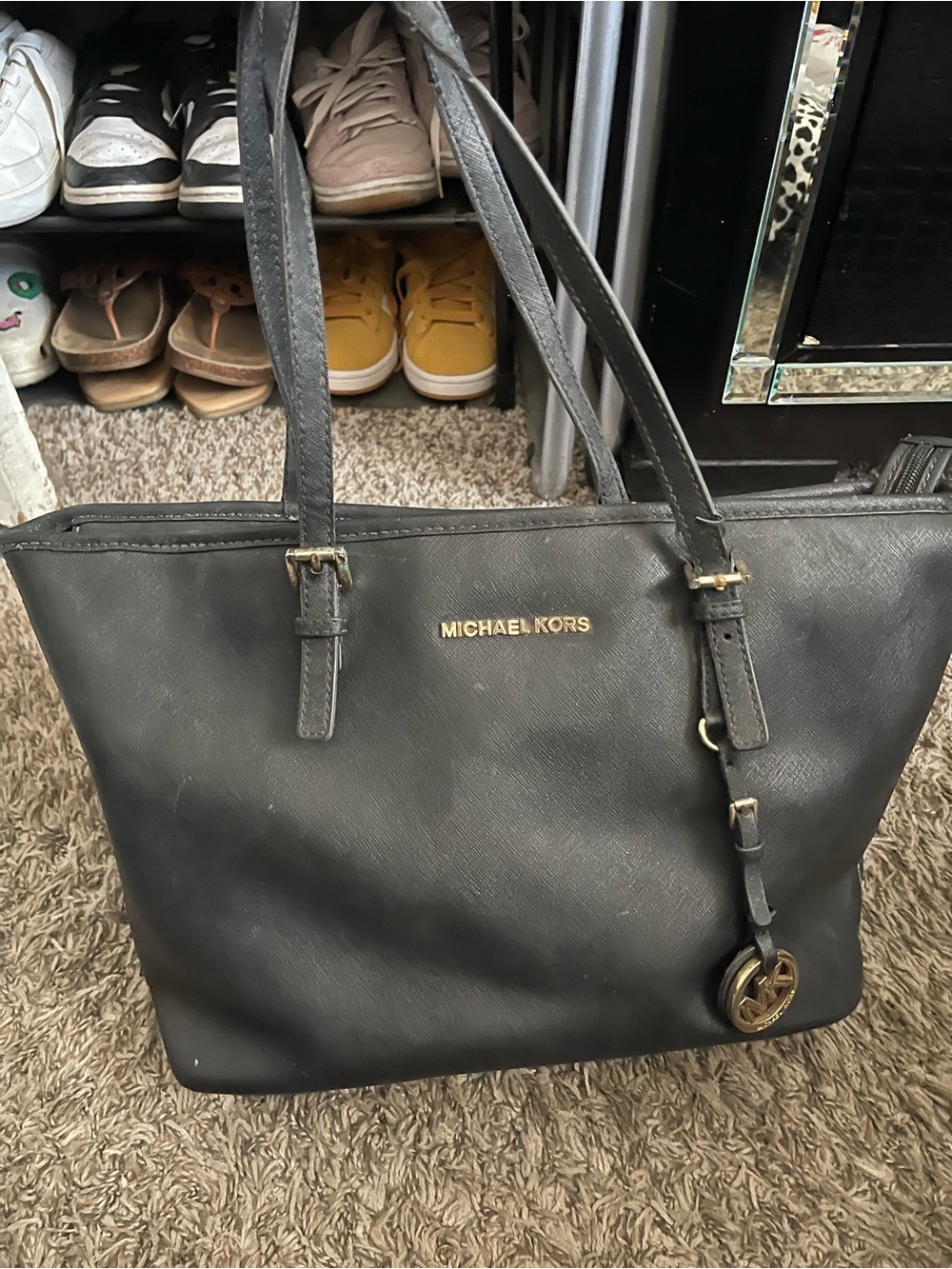 Michael Kors Black Leather Tote with Gold Logo Charm